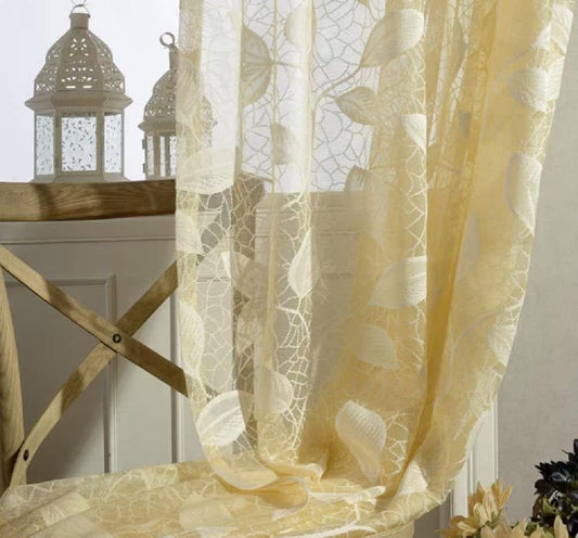 HooHero Gorgeous Sheer Curtains Voile Curtain Rod Pocket Floral Pattern Jacquard Design Lace Tulle Panel for Living Dining Room Bedroom Kitchen(1 Panel, W 52 x L 72 inch, Yellow)