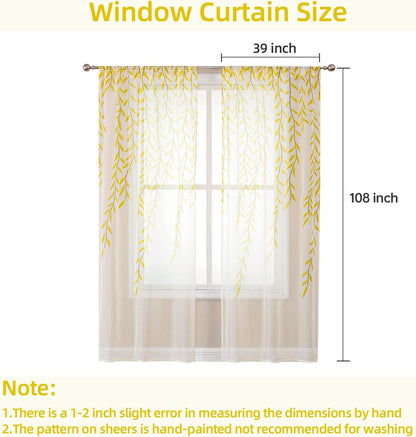 BROSHAN Yellow Sheer Curtain 108 inches Long for Living Room 2 Panels Set, Bright Yellow Leaf Pattern Curtains Printed Bedroom Curtain Sheers Rod Pocket Transparent Voile Window Treatment Drapes