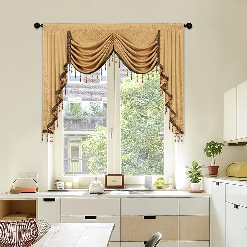 ELKCA Jacquard Waterfall Valance with Luxury Beads Yellow Window Curtains Valance for Living Room,Rod Pocket, 1 Panel (Yellow, W59 inch)