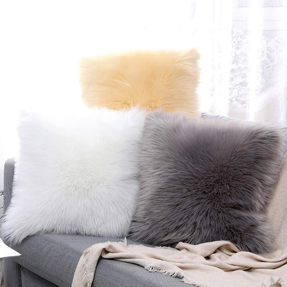 vctops Double-Sided Faux Fur Sheepskin Decorative Throw Pillow Cover Luxury Super Soft Plush Cushion Case for Sofa or Bed (18"x18",Light Yellow)