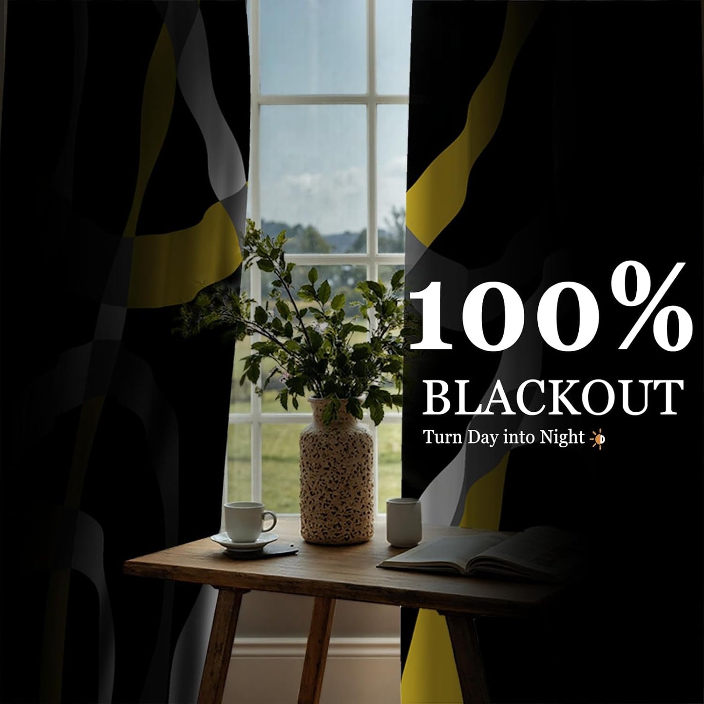 weesire Black and Yellow Blackout Curtains for Bedroom Living Room 2 Panels 100% Blackout Modern Circle Pattern Curtains Abstract Stripe Curtains, 52x84 Inches