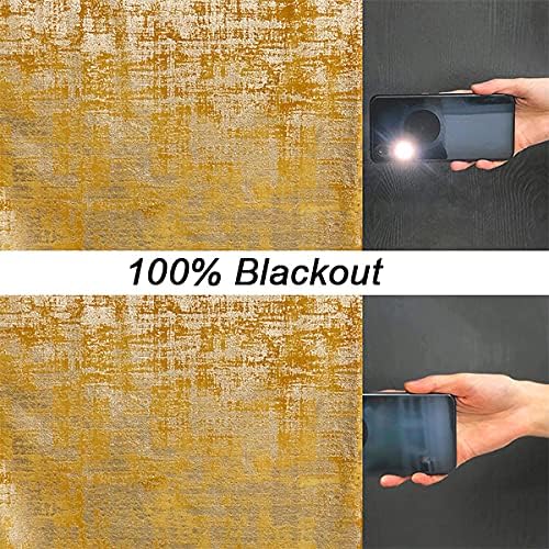 always4u 100% Blackout Soft Velvet Curtains for Bedroom Living Room Thermal Energy Saving 63 Inches Long Luxury Gold Foil Print Drapes 2 Panels Yellow