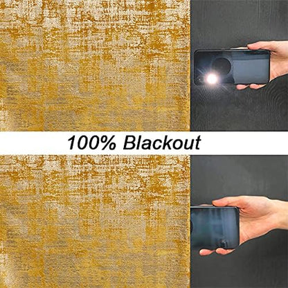always4u 100% Blackout Soft Velvet Curtains for Bedroom Living Room Thermal Energy Saving 63 Inches Long Luxury Gold Foil Print Drapes 2 Panels Yellow