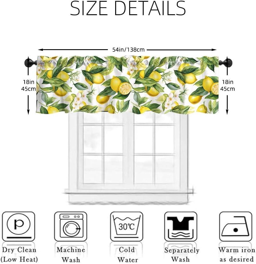 Yongqian 18x54inch Lemon Fruit Window Treatment Valance Watercolor Print Green Leaves Yellow Lemon Window Valance with Rod Pocket Kitchen Dining Room Decoration