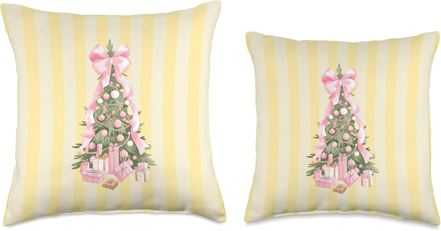 Aesthetic Preppy Christmas Tree Coquette Bow Yellow Striped Throw Pillow
