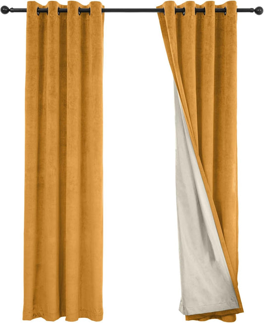 100% Full Blackout Velvet Curtains with Liner 63 inch Long 2 Panels for Living Room, Thermal Insulated Energy Saving Room Darkening Grommet Window Drapes for Bedroom, 42x63 Golden Yellow