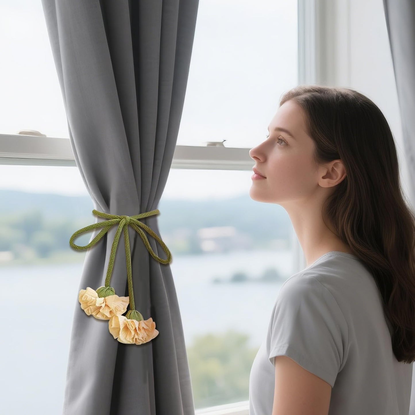 4 Pcs Carnation Flower Fabric Curtain Tiebacks,Adjustable Floral Curtain Rope Tiebacks for Home Office Shower Bedroom Decorative (Yellow)