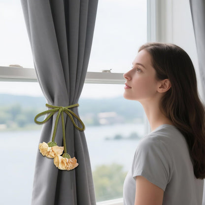 4 Pcs Carnation Flower Fabric Curtain Tiebacks,Adjustable Floral Curtain Rope Tiebacks for Home Office Shower Bedroom Decorative (Yellow)