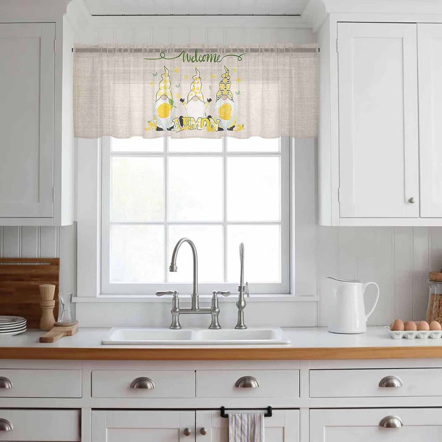 Sheer Window Valance Fruit Lemon Gnome Semi Voile Short Curtain Rod Pocket Farmhouse Plant Floral Valances Window Treatment for Bedroom Living Room Kitchen 54x18in