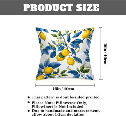 Outdoor Throw Pillow Covers Summer Lemon Blue Leaves Waterproof Square Pillow Case 16x16 inch Set of 2 Farmhouse Cushion for Patio Garden