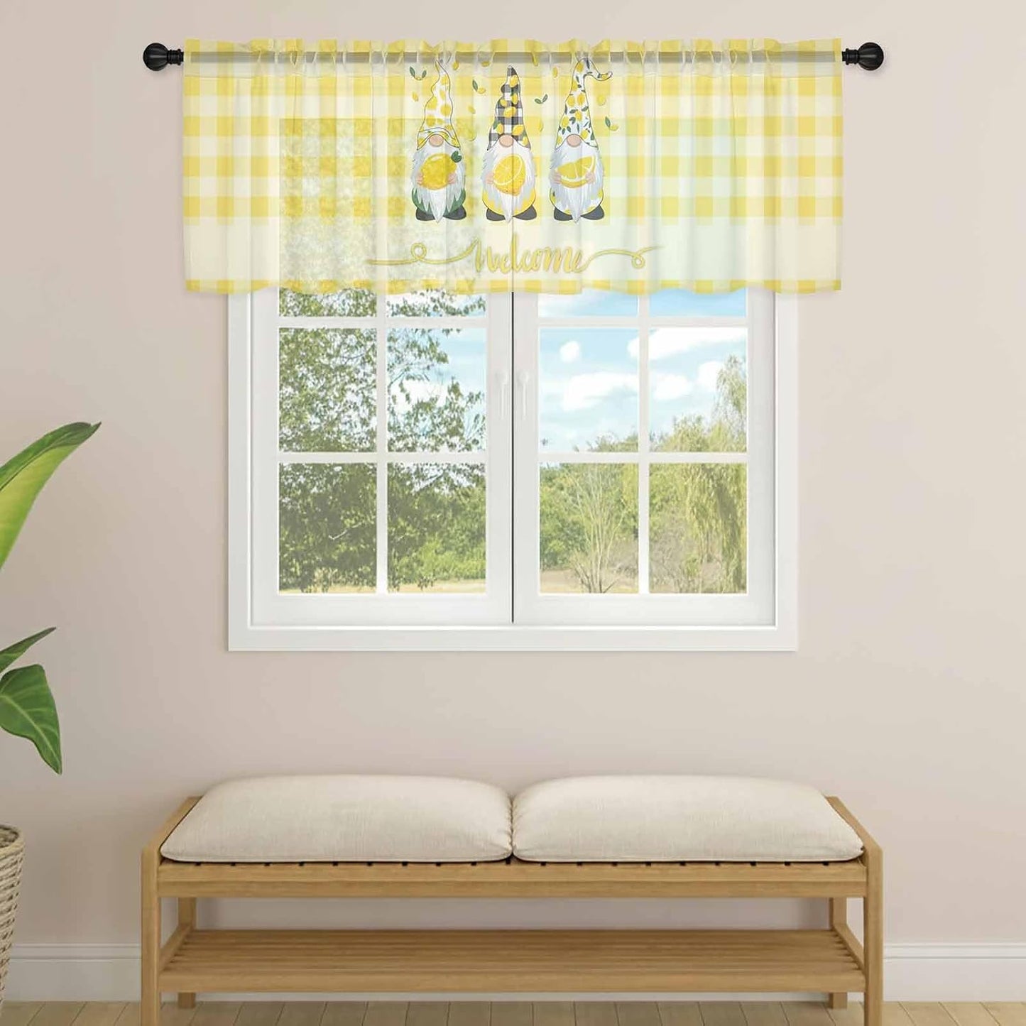 Lemon Gnomes Sheer Curtains Valances for Windows Summer Botanical Fruit Yellow Buffalo Plaid Chiffon Kitchen Valances for Cafe, Voile Window Treatments Curtains for Living Room Bedroom, 54"x18"