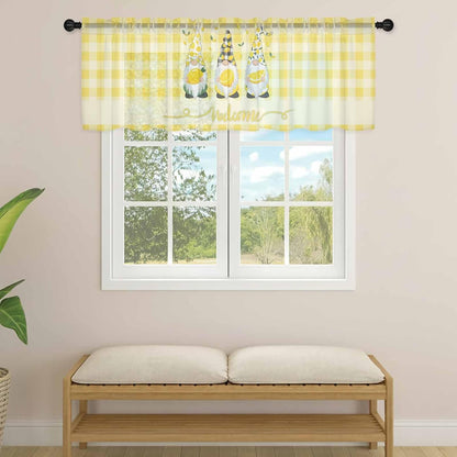 Lemon Gnomes Sheer Curtains Valances for Windows Summer Botanical Fruit Yellow Buffalo Plaid Chiffon Kitchen Valances for Cafe, Voile Window Treatments Curtains for Living Room Bedroom, 54"x18"