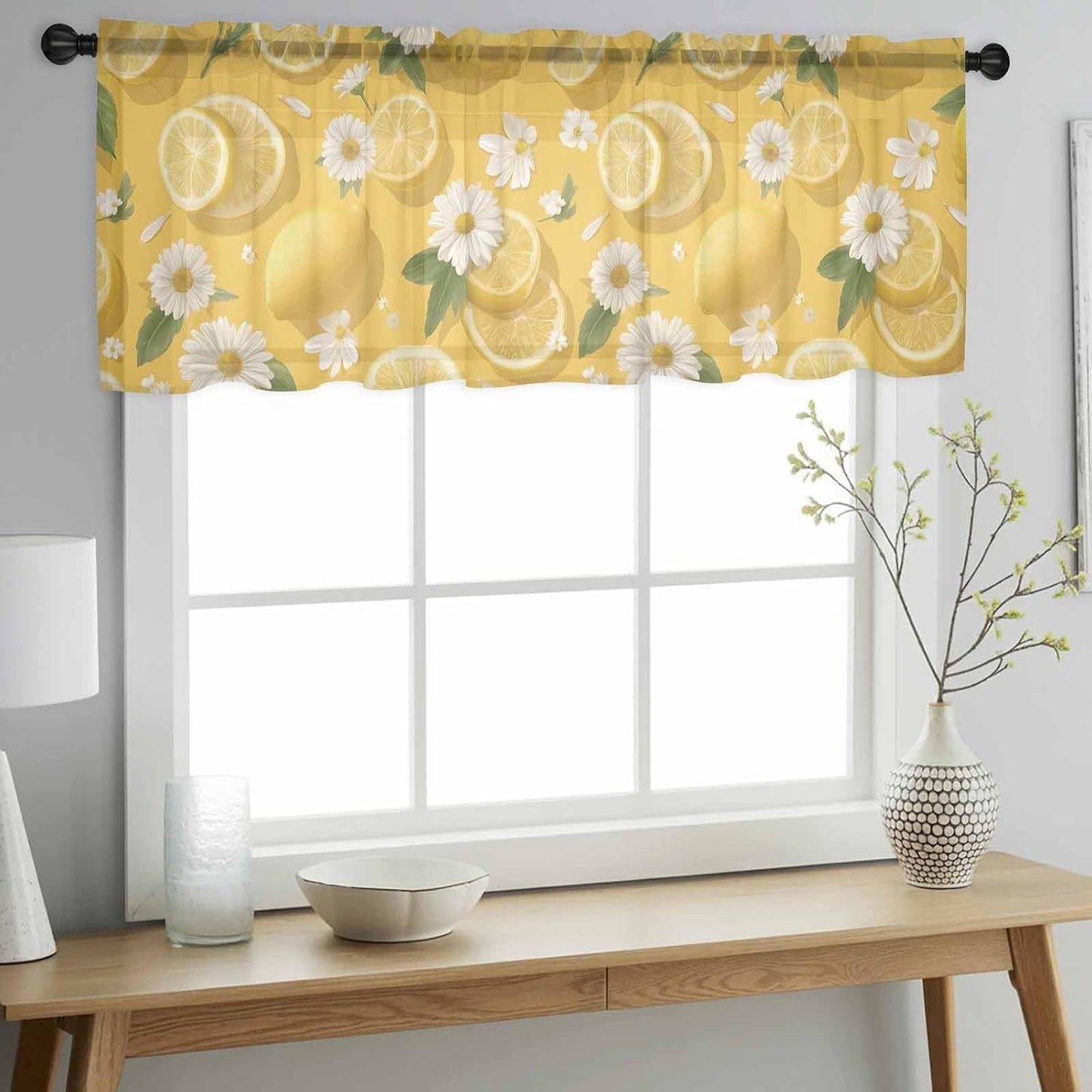Yellow Lemon Summer Sheer Curtain 18 Inch Long White Daisy Farmhouse Flowers Country Fruit Light Filtering Rod Pocket Voile Curtain Valance for Bedroom Kitchen Cafe Window 54" W x 18" L
