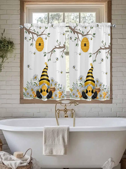 Yellow Gnomes Small Window Curtains 45 Inch Length, Bees Spring Floral Daisy Branches Rod Pocket Window Treatment Kitchen Drapes for Bedroom, Cafe, Living Room, 2 Panels, 27.5 W x 45 L