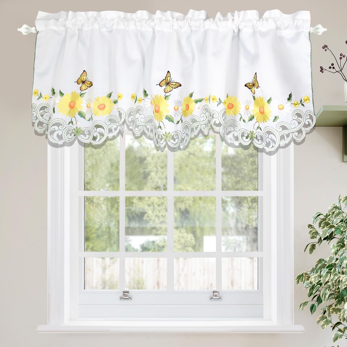 Molaxhome Beautiful Dazzling Embroidered Window Valance,Rod Pocket Valance and Tiers for Home Decor (Yellow, W52x18L)