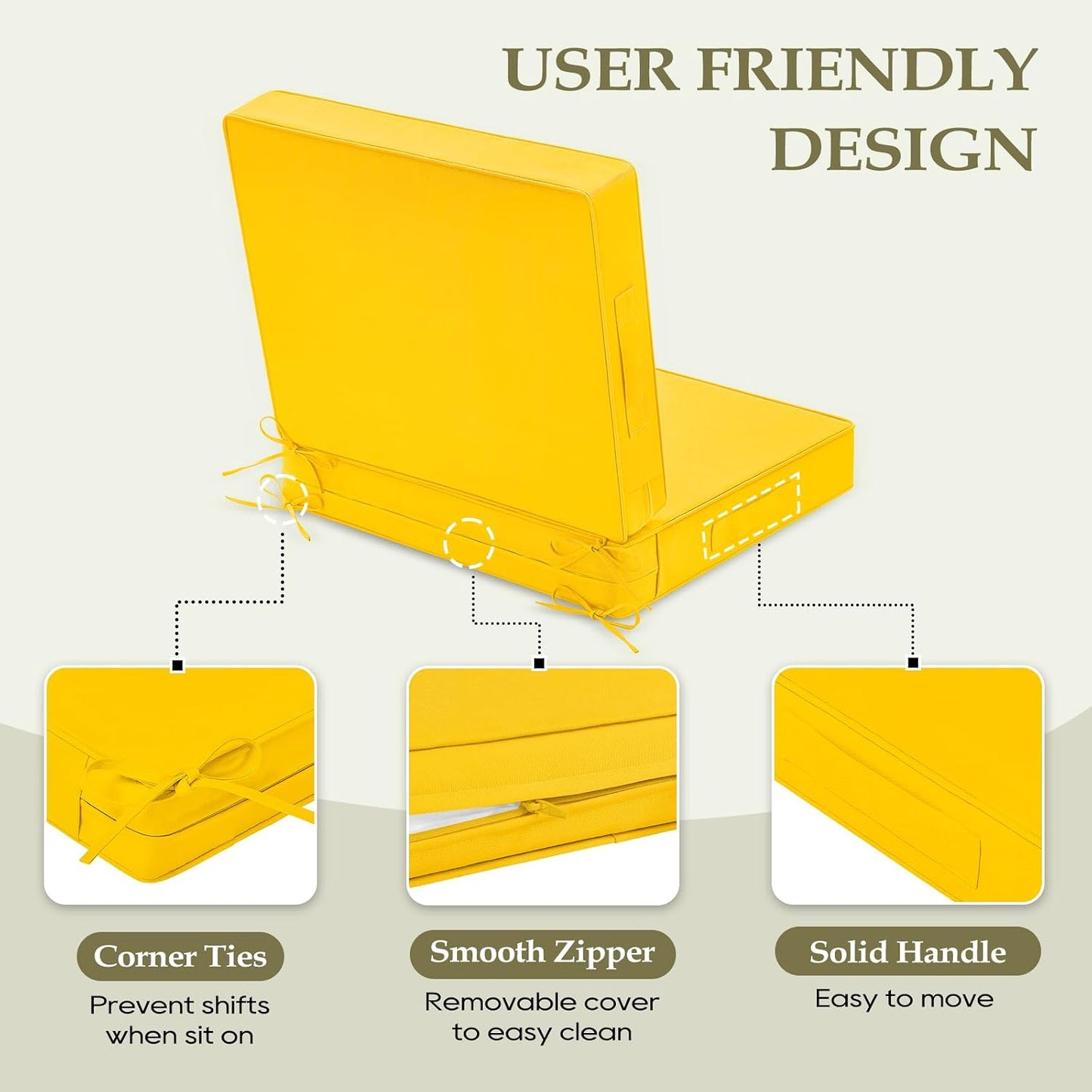 Wellsin Outdoor Deep Seat Patio Cushions, 24 x 24 Waterproof & 3-Year Fade Resistant Outdoor Cushions with Removable Covers,Ties and Handle for Chair, Sofa, Couch, Yellow