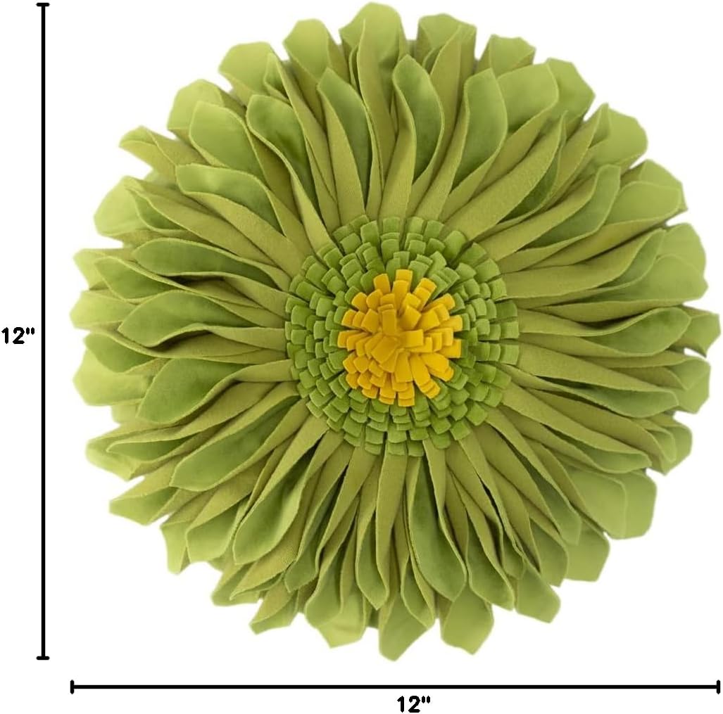JWH 3D Flower Throw Pillow Cover, Velvet, Green Yellow, 12 Inch | Round Floral Cushion, Sunflower Accent, Handmade, Decorative Pops for Bed Couch Sofa Chair Car Living Room