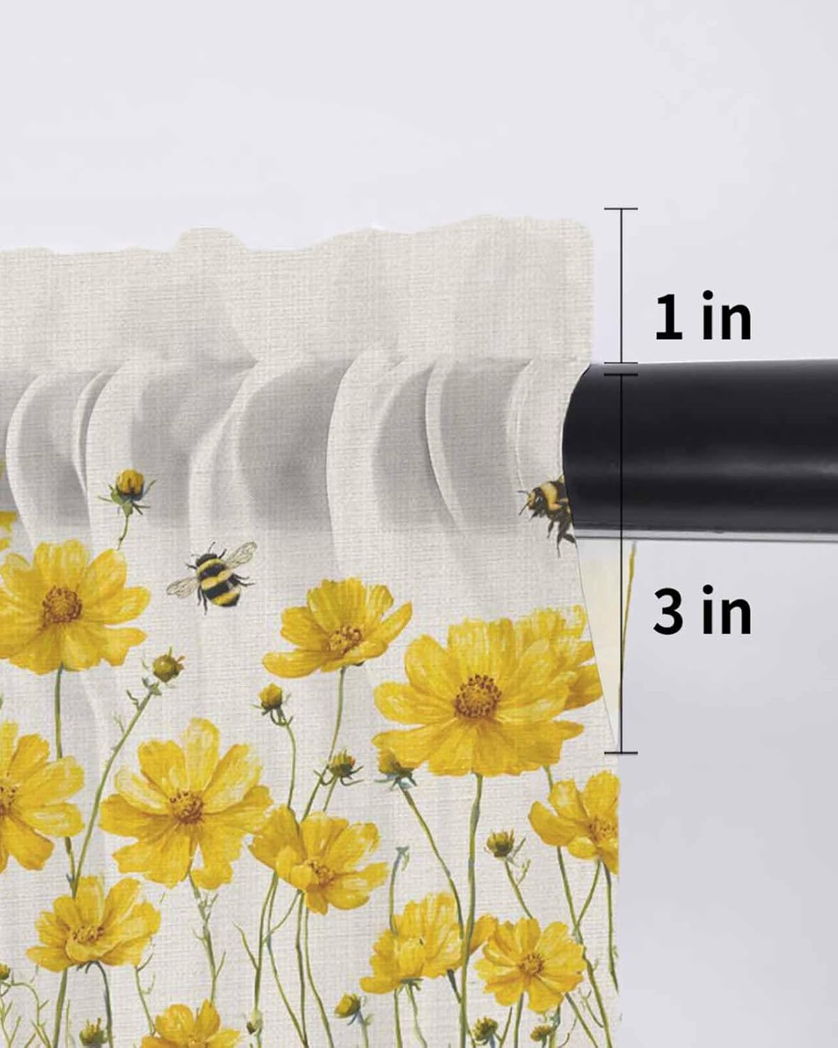 Yellow Daisy Floral Sheer Valance Curtains for Kitchen Living Room Decor, Honey Bee Rustic Flowers Semi Sheer Curtain Voile Valance Rod Pocket Window Treatment Short Curtain Panel 54"x18"