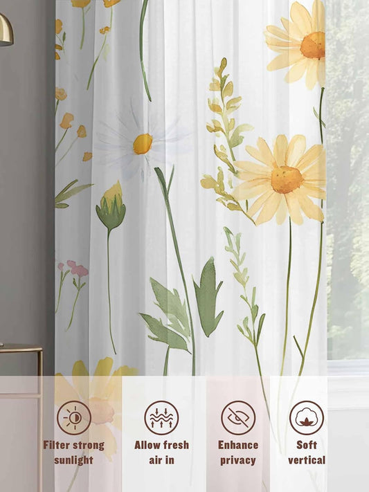 Yellow Daisy Floral Sheer Curtains for Living Room Bedroom Spring Rustic Botanical Flowers Sheer Curtains 84 Inch Long 2 Panels Set Light Filtering Curtain Window Treatments Drapes for Dining Room
