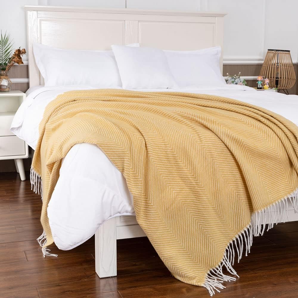 Gealaek Decorative Herringbone Faux Cashmere Throw Blanket Yellow Cheveron Fringe Lightweight Fuzzy Soft Cozy Throws for Sofa Bed Farmhouse Throw Blanket 50" x 60"