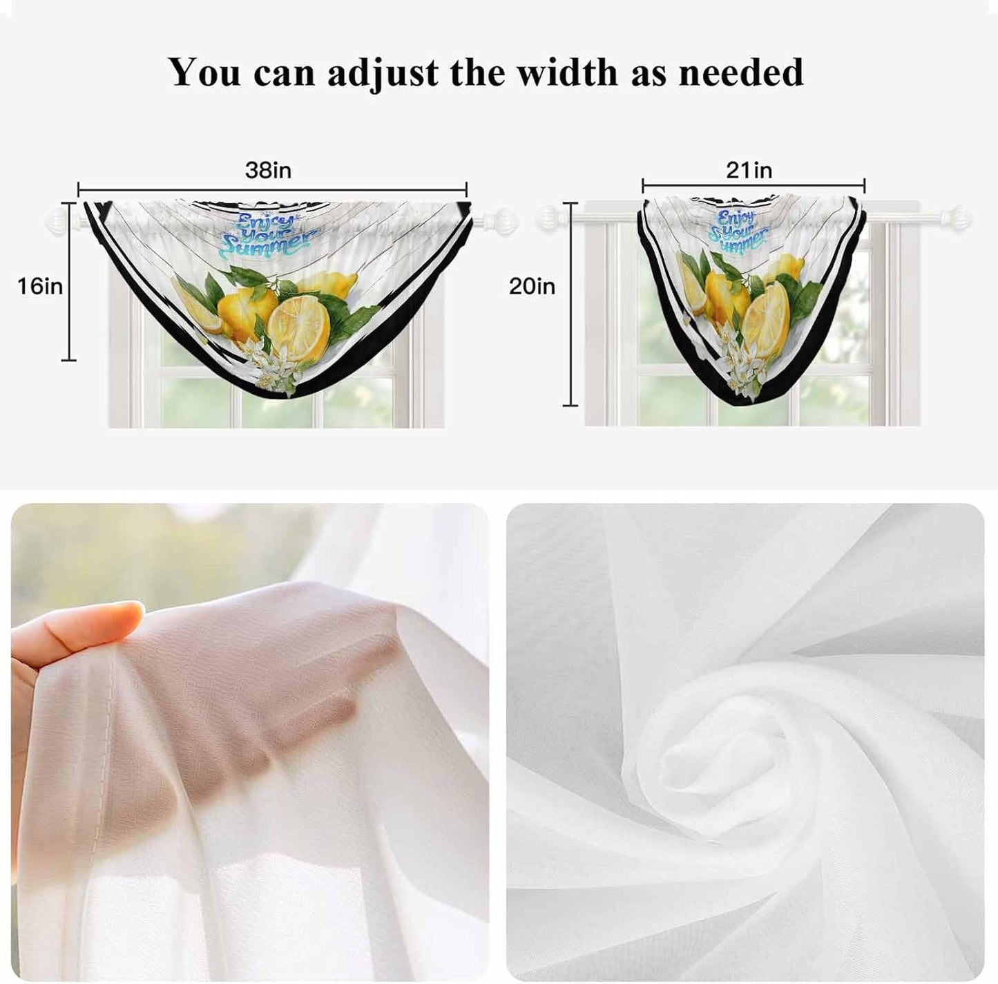 Waterfall Valance Curtain, Summer Lemon Flower Leaf Semi Sheer Kitchen Curtains Luxury Waterfall Valances for Windows, Farmhouse Wood Plank Black White Line Rod Pocket Curtain Valance for Living Room