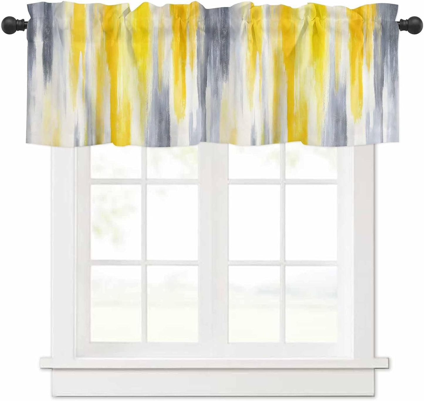 Abstract Valances for Windows/Bedroom/Living Room/Kitchen/Cafe, Retro Country Gray Yellow Semi Small Curtain Drapes Rod Pocket Light Filtering Window Treatment, 54" x 18"