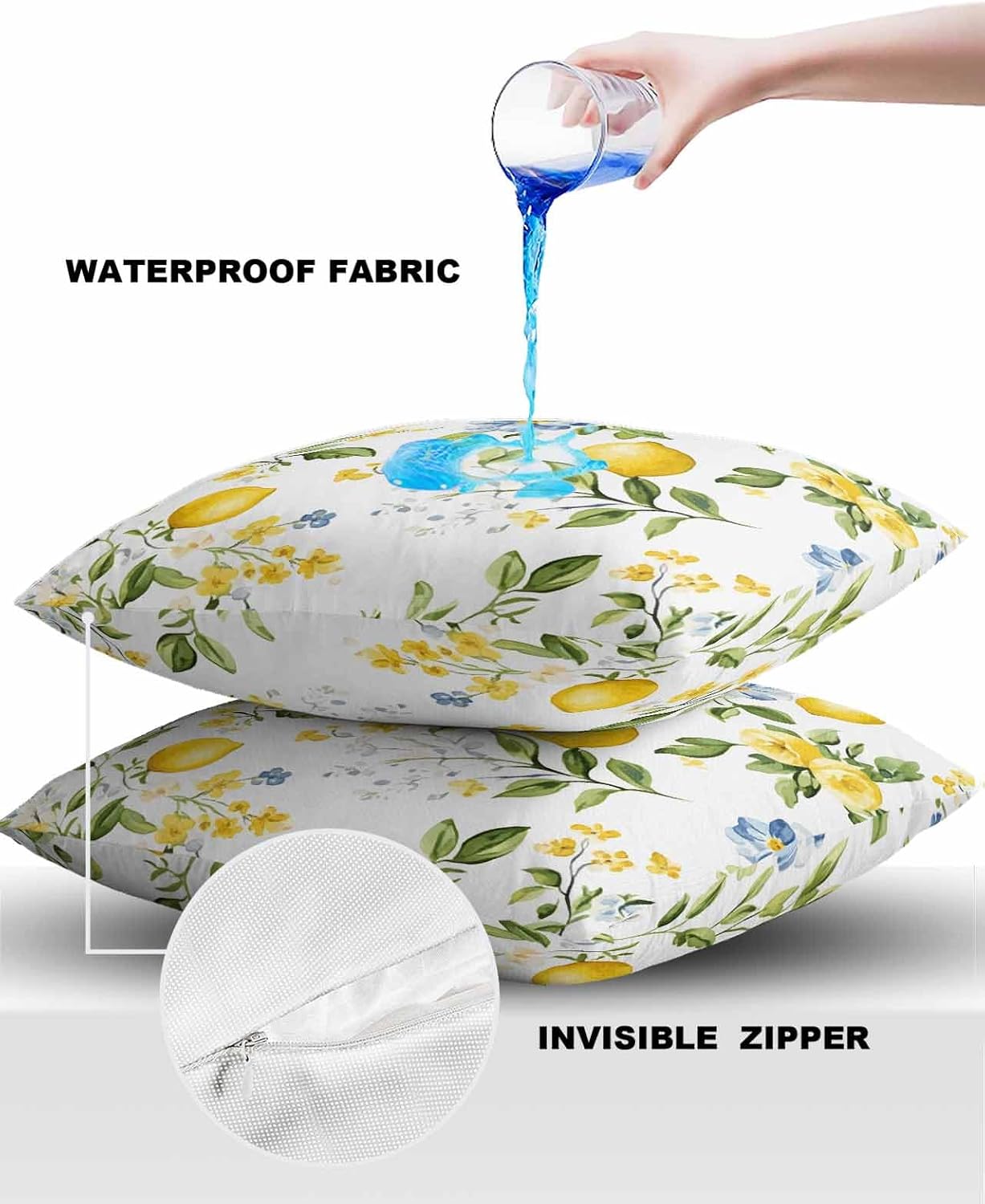 Lemon Outdoor Waterproof Pillow Covers Pack of 2, Summer Yellow Fruit Blue Flowers Leaves Farmhouse Decorative Throw Pillowcases Polyester Cushion Covers for Garden Patio Tent Sofa Couch, 16x16 inch