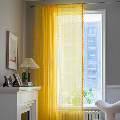 Judy Dre am Boho Hollow Out Curtains 1 Panels,Lace Knitted Curtain with Tassels Rod Pocket Window Treatment Vintage Drapes for Cabinet,Yellow,59" Wx18 L