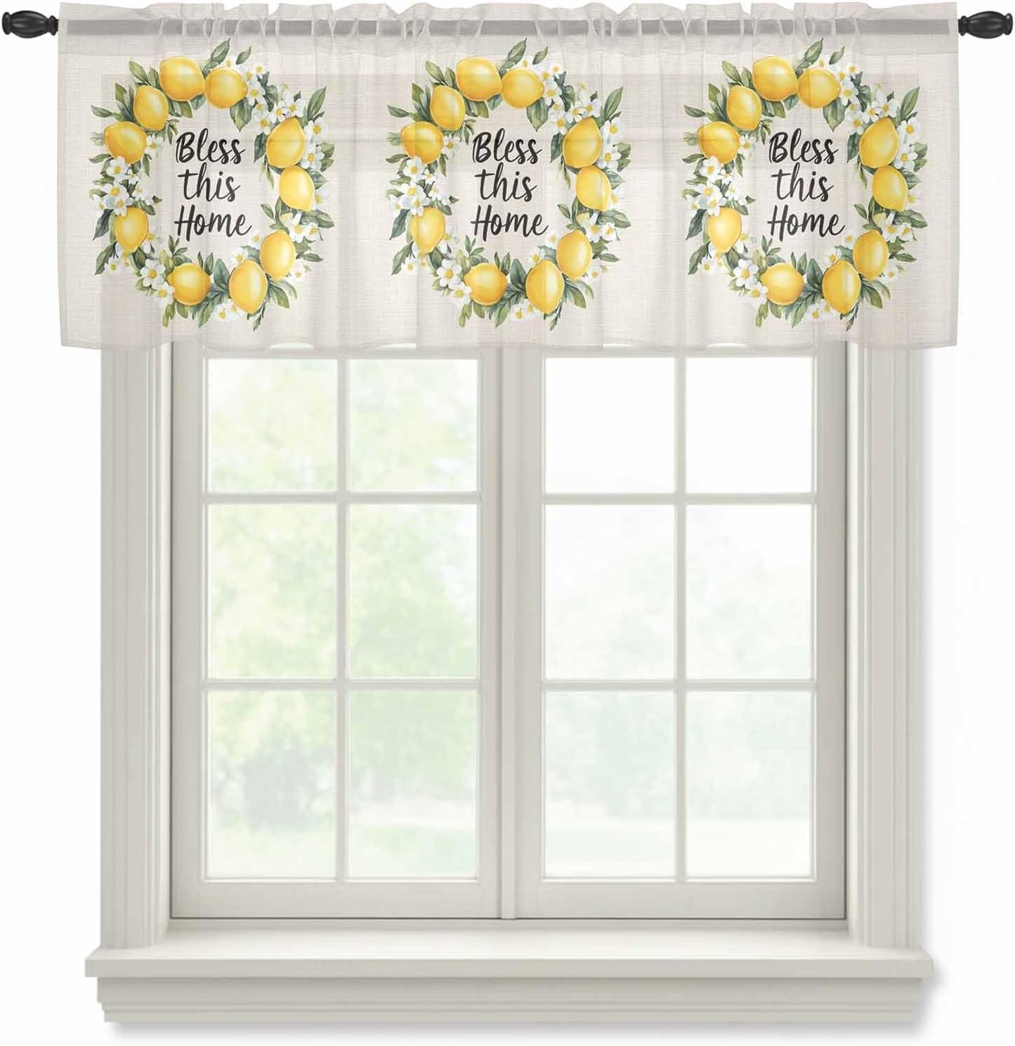 Country Bless This Home Sheer Curtain 18 Inch Long Yellow Lemon Linen Texture Light Filtering Rod Pocket Voile Curtain Valance for Bedroom Kitchen Cafe Window 54" W x 18" L