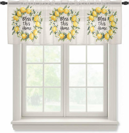 Country Bless This Home Sheer Curtain 18 Inch Long Yellow Lemon Linen Texture Light Filtering Rod Pocket Voile Curtain Valance for Bedroom Kitchen Cafe Window 54" W x 18" L