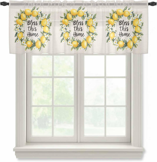 Country Bless This Home Sheer Curtain 18 Inch Long Yellow Lemon Linen Texture Light Filtering Rod Pocket Voile Curtain Valance for Bedroom Kitchen Cafe Window 54" W x 18" L