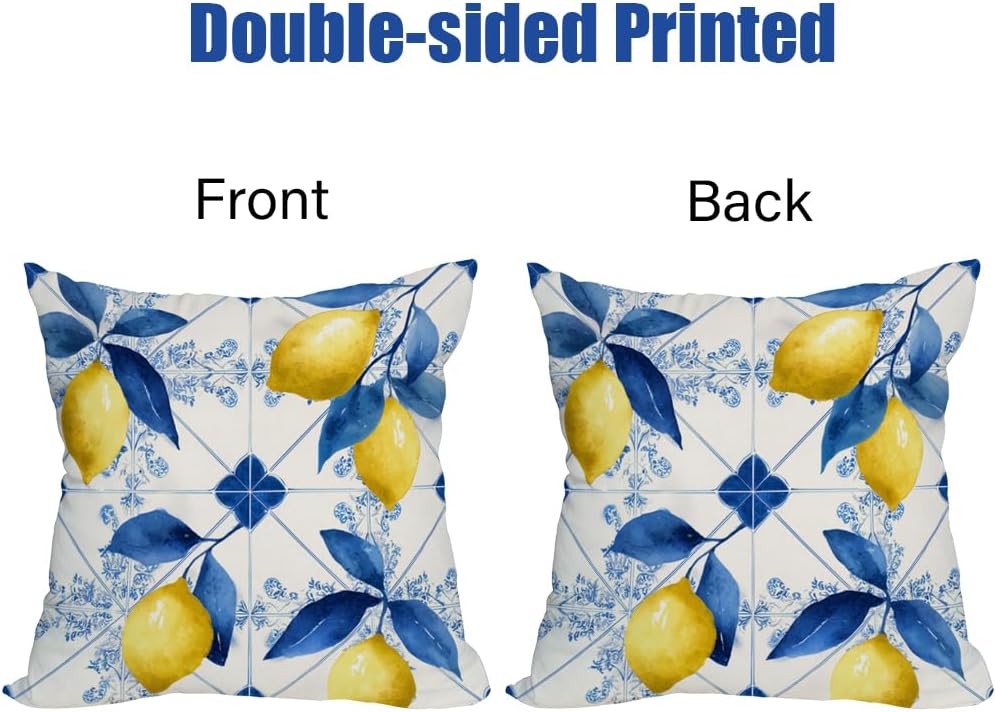 Fukeen Waterproof Lemon Pillow Covers 24x24 Inch Set of 4, Double-Sided Blue and Yellow Mediterranean Citrus Floral Cushion Covers with Italian Tile Pattern for Sofa Couch Patio Outdoor Decor