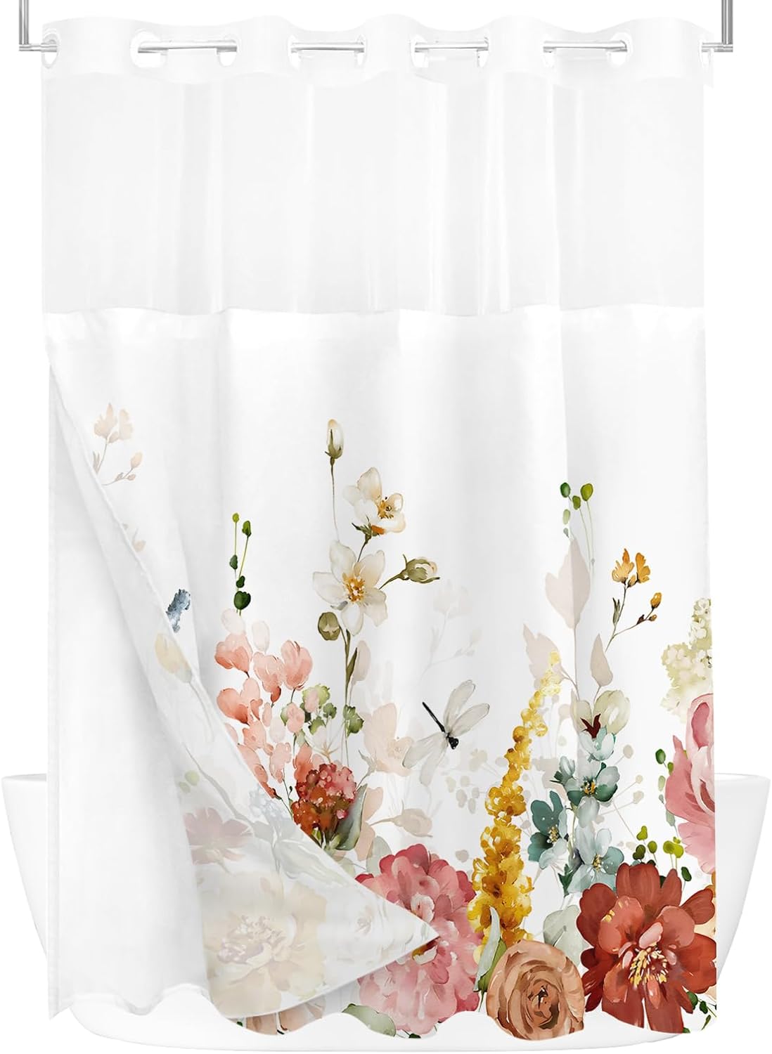 Tititex No Hooks Snap in Liner Aesthetic Blooming Yellow Flowers Leaves Shower Curtain Sets, Hotel Luxury Double Layers Waterproof Fabric & See-Through Top Window Bathroom Decorative 60x72 Inch