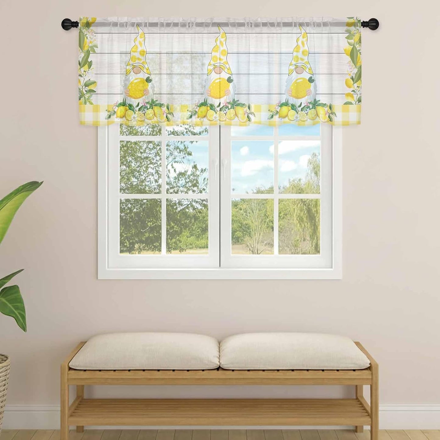 Lemon Dwarfs Sheer Valance Curtains, Gnome Green Leaf Wood Striped Yellow Plaid Light Filtering Kitchen Valances Rod Pocket Voile Curtain Window Treatment for Bedroom/Living Room/Basement 54Wx18L