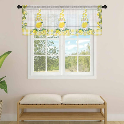 Lemon Gnomes Sheer Curtains Valances for Windows Summer Country Yellow Fruit Wooden Plaid Chiffon Kitchen Valances for Cafe, Voile Window Treatments Curtains for Living Room Bedroom, 54"x18"