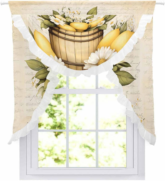 Vintage Lemon Swag Waterfall Valances for Living Room Bedroom Kitchen Windows,Yellow Fruit Blossoming Botanical Flower Semi-Sheer Rod Pocket Curtains Light-Filtering Drape with Lace,39.4" Wx41.3 L