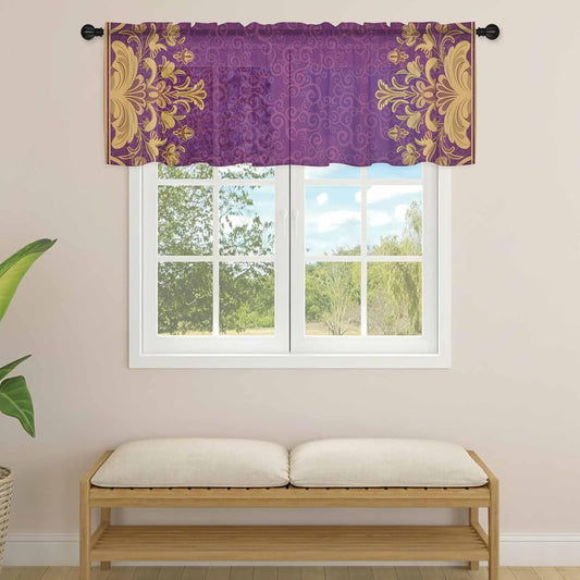 Vintage Purple Sheer Curtain 18 Inch Long Yellow Flower Lace Baroque Ethnic Style Light Filtering Rod Pocket Voile Curtain Valance for Bedroom Kitchen Cafe Window 54" W x 18" L