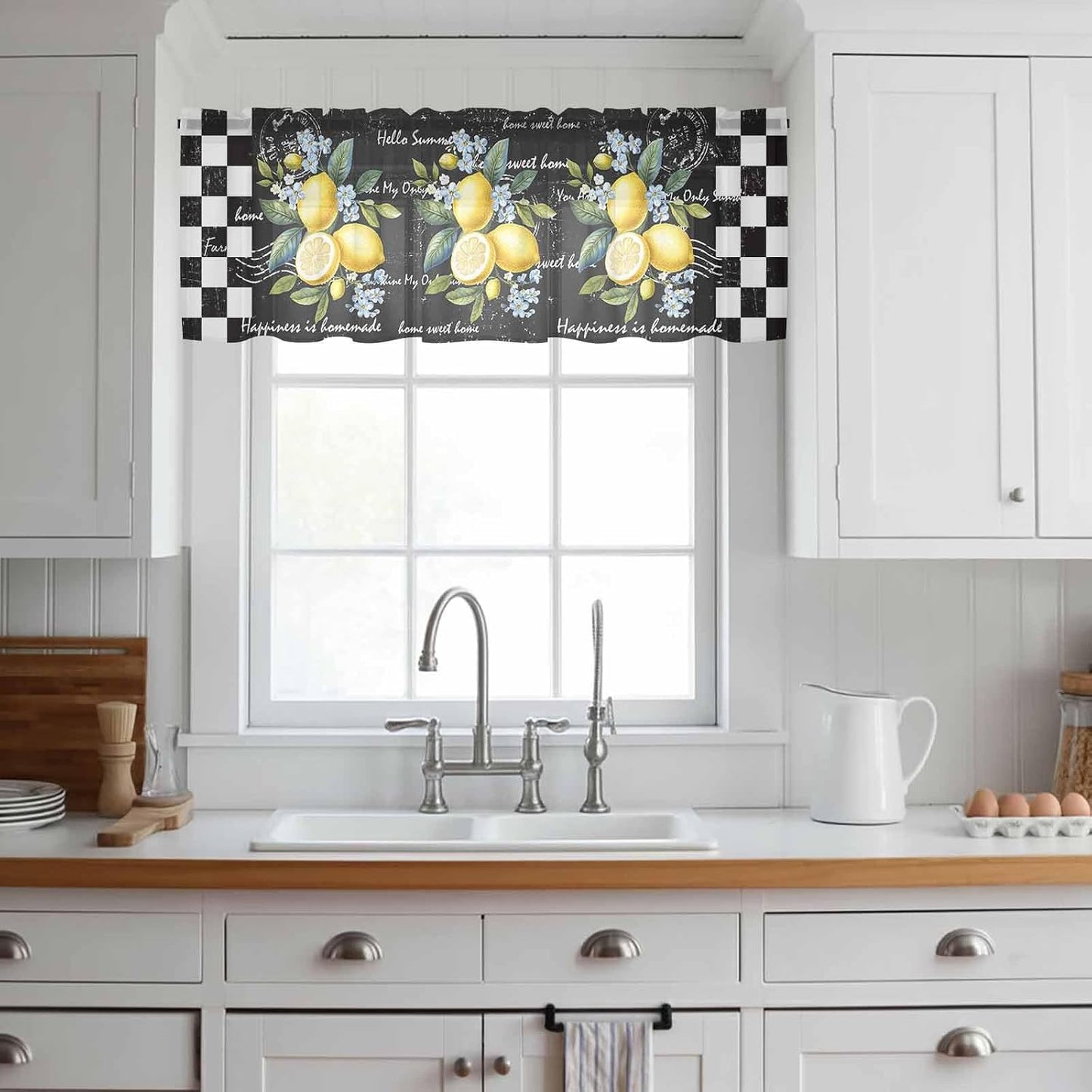 Summer Lemon Sheer Curtain 18 Inch Long Farm Plant Floral Leaf Black White Plaid Retro Light Filtering Rod Pocket Voile Curtain Valance for Bedroom Kitchen Cafe Window 54" W x 18" L