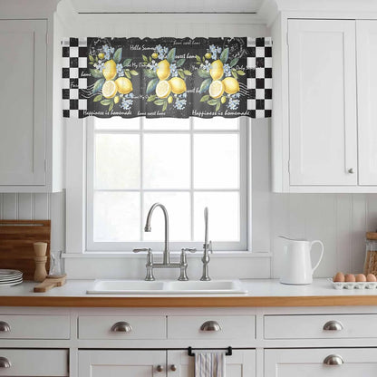 Summer Lemon Sheer Curtain 18 Inch Long Farm Plant Floral Leaf Black White Plaid Retro Light Filtering Rod Pocket Voile Curtain Valance for Bedroom Kitchen Cafe Window 54" W x 18" L
