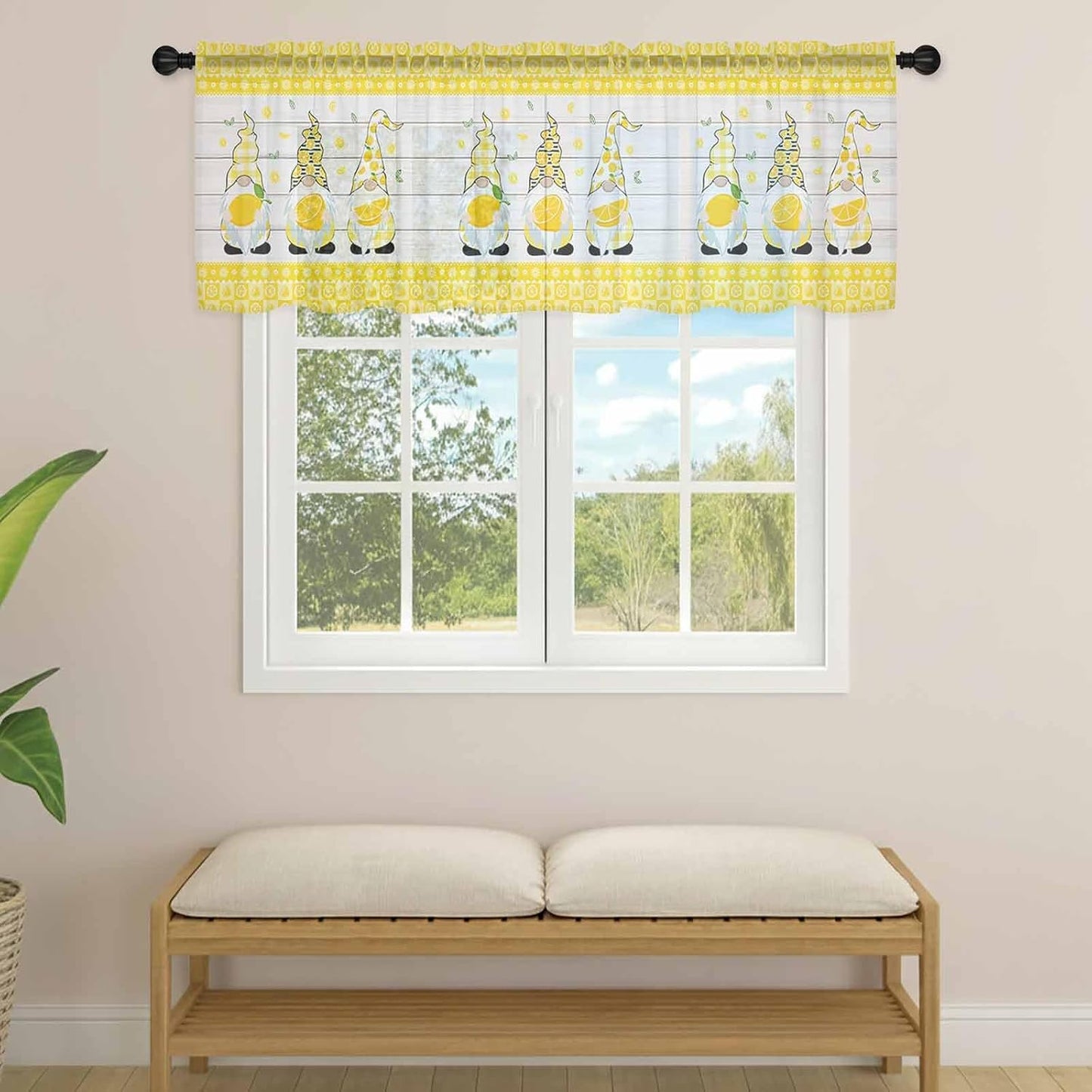 Sheer Valances for Windows Lemon and Gnomes Window Valances Rod Pocket Yellow Check Plaid Wood Grain Window Treatment Sheer Curtains for Kitchen Living Room Bedroom Bathroom 54x18in