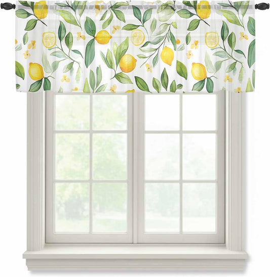 Watercolor Yellow Sheer Curtain 18 Inch Long Lemon Green Leaves Rustic Plant Light Filtering Rod Pocket Voile Curtain Valance for Bedroom Kitchen Cafe Window 54" W x 18" L