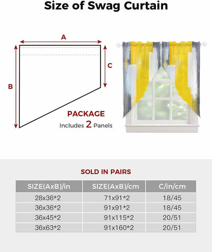 Gray Yellow White Geometric Sheer Curtains Swag Valances for Windows Gradient Abstract Mottled Paint Texture Rod Pocket Swag Curtain Small Window Curtain for Kitchen Living Room, 1 Pair 28"W x 36"L
