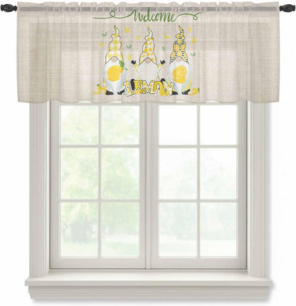 Sheer Window Valance Fruit Lemon Gnome Semi Voile Short Curtain Rod Pocket Farmhouse Plant Floral Valances Window Treatment for Bedroom Living Room Kitchen 54x18in