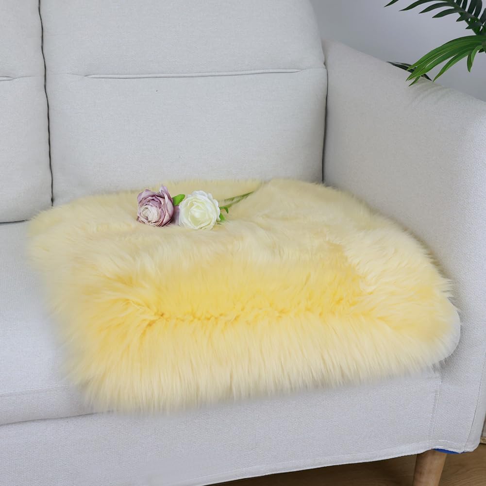 IRIWOOL Square Fur Sheepskin Chair Cover Seat Cushion Pad Super Soft Area Rugs for Living Bedroom Sofa 18" x 18" (Yellow, 18" x 18" (Pack of 1))