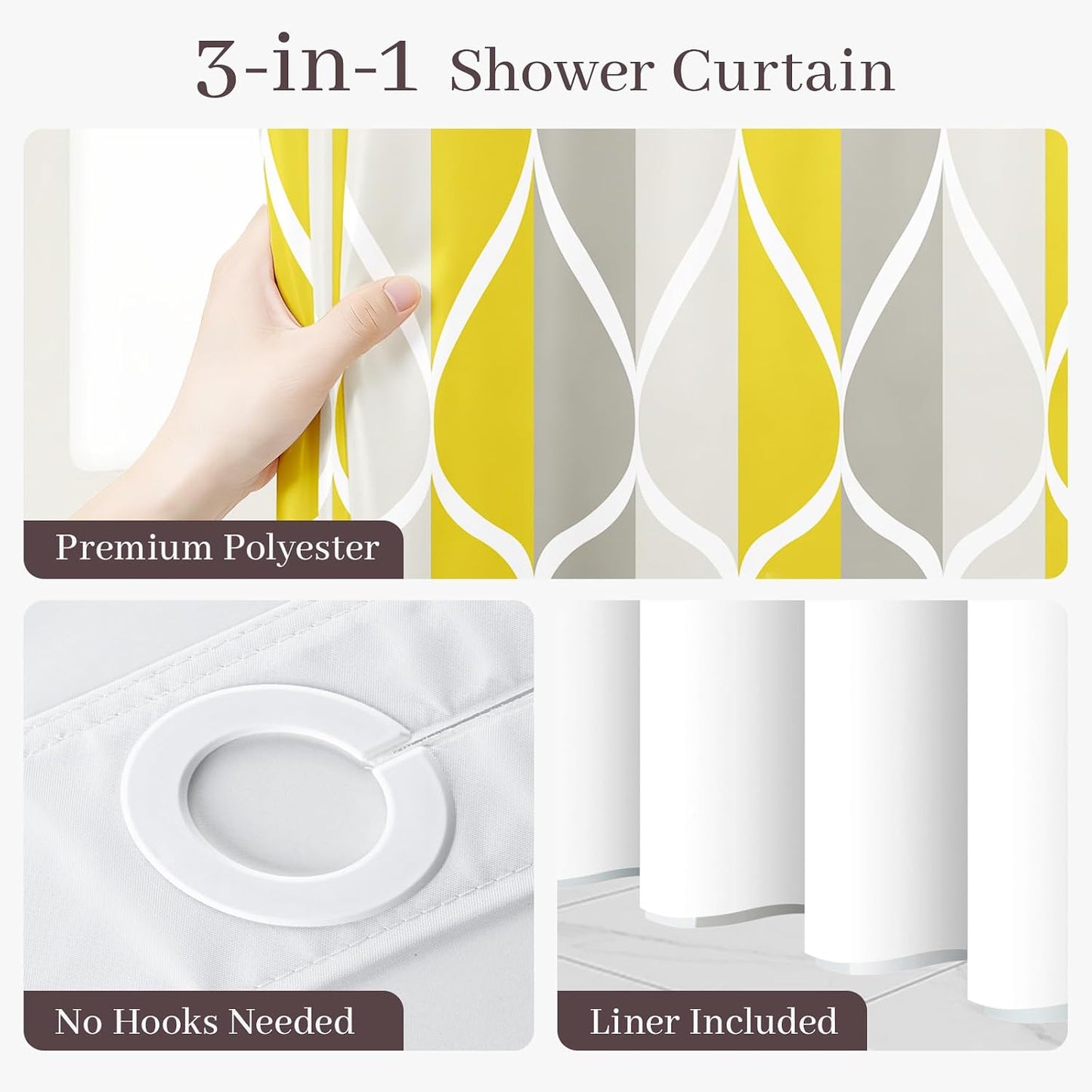 Yiatn Gray Yellow No Hook Shower Curtain with Liner Attached - Hotel Style with See Through Mesh Top Window, Modern Geometric Waterdrop Design,Waterproof and Washable, 71x74 INCH
