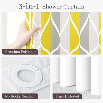 Yiatn Gray Yellow No Hook Shower Curtain with Liner Attached - Hotel Style with See Through Mesh Top Window, Modern Geometric Waterdrop Design,Waterproof and Washable, 71x74 INCH