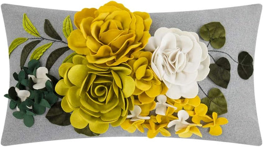 JWH Decorative 3D Flower Throw Pillow Cover Aesthetic Floral Accent Pillow Cases Colorful Pillowcase Handmade Cushion for Living Room Sofa Couch Chair 12x20 Inches Gray Yellow