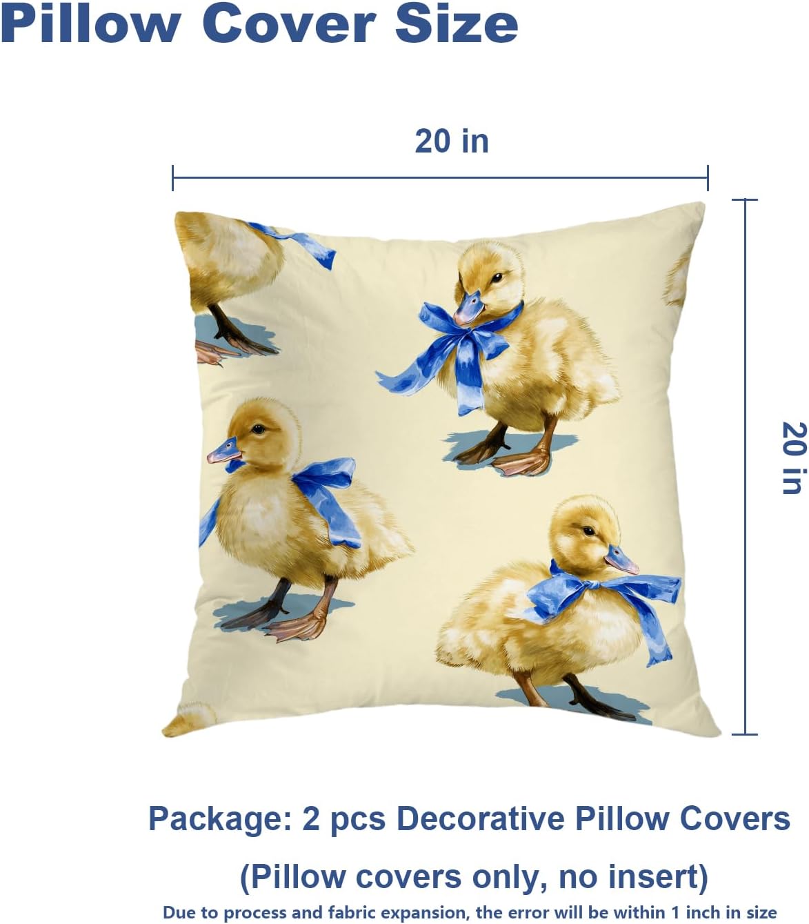 Batmerry Ducklings Blue Ribbon Yellow Throw Pillow Covers, Cute with Bows Decorative Pillow Covers Digital Printing Blended for Couch Sofa Bed Invisible Zipper 20X20 in(Set of 2)