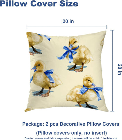Batmerry Ducklings Blue Ribbon Yellow Throw Pillow Covers, Cute with Bows Decorative Pillow Covers Digital Printing Blended for Couch Sofa Bed Invisible Zipper 20X20 in(Set of 2)