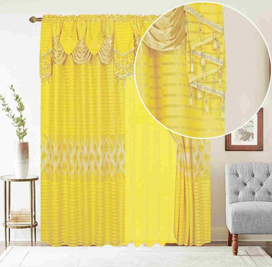 Generic Jacquard Window 84 Inch Length Curtain Drapes w/Attached Valance + Faux Silk Backing + 2 Tassels, Floral Curtain Drape for Living/Dining Rooms, Rod Pocket Chloee (Yellow)